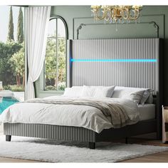 The bed features a unique wingback design, complemented by an ultra-high headboard that towers at 57.1 inches, making it a true statement piece in your room. Tube Lighting, Headboard King Size, Bed Frame Upholstered, Cozy Guest Rooms, King Size Platform Bed, High Headboard, Led Beds, Bed With Led Lights, High Beds