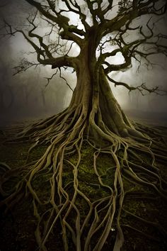 a large tree with its roots exposed in the ground and foggy sky behind it