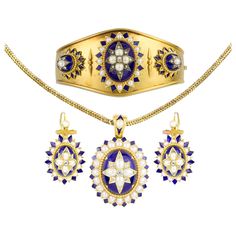 A mid-Victorian half pearl, diamond and blue enamel suite, the suite consisting of a necklace, a bracelet and a pair of earrings, each set to the centre with an old cut diamond surrounded by four half-pearls, embellished with rose-cut diamonds on blue enamel dome, surrounded by a cluster of half pearls within blue-enamel border, all set to yellow gold mount, the necklace suspended by snake chain with half-pearl and enamel clasp, the matching bracelet with gold cuff fitting, in fitted cases by Ho Smoky Quartz Necklace, Victorian Gold, Enamel Necklaces, Jewellery Shop, Gold Cuffs, Modern Necklaces, Bespoke Jewellery, Victorian Jewelry, Pearl Diamond