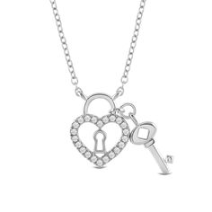 For that very special person who has the key to your heart. This white gold necklace features a petite lock-and-key design, with the lock shaped as a heart cut-out lined with round diamonds. A smooth, polished white gold key is attached to a shimmering heart lock. Heart Shaped Two Keys Necklace For Anniversary, Elegant Heart-shaped Necklace With Two Keys, Elegant Sterling Silver Key Jewelry, Elegant Heart-shaped Key Jewelry, Elegant Sterling Silver Key Necklace, Elegant Lock Necklace For Anniversary, Heart Cut Out, Gold Key, White Gold Necklace