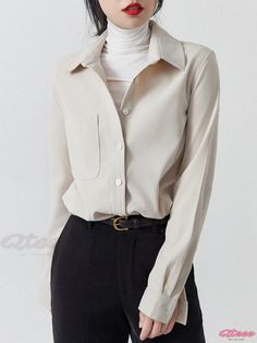 Qteee - Classic Loose Fit Brushed Corduroy Layered Long Sleeve Shirt Casual Beige Office Top, Trendy Beige Long Sleeve Shirt, Collared Office Tops For Fall, Casual Beige Office Shirt, Winter Office Tops With Button Closure, Beige Casual Shirt For Work, Casual Beige Workwear Shirt, Casual Beige Shirt For Work, Beige Cotton Office Tops