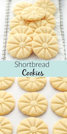 shortbread cookies on a cooling rack with the words shortbread cookies in front of them