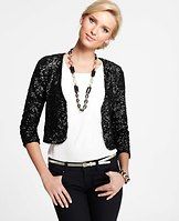 Sequin Jacket - Endlessly elegant (and versatile), we're in love with the way matte sequins lend just the right amount of shimmer to this unbelievably flattering essential. Open V-neck with triple hook and eye closure beneath. 3/4 sleeves. Lined. 18" long.     Items in our Weddings  Events Collection can only be exchanged or returned by mail. Party Dresses With Sleeves, Pretty Party Dresses, Tweed Jackets, Shrug For Dresses, Casual Skirt Outfits, Leopard Print Cardigan, Cocktail Jacket, Mob Dresses, Sleeveless Dresses