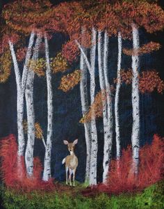 a painting of a deer standing in the middle of a forest surrounded by tall trees