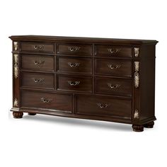 a wooden dresser with many drawers and handles on it's sides, against a white background