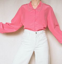 "Made in Japan ➸ Long sleeve pink blouse with front micro pleats and unique pointy embroidered collar. This dreamy blouse has front button closures (6) and a button on each cuff. Wear it with jeans, a skirt or under overalls or a pinafore. It is unlined and semi sheer (black bra can be seen in photos). *Please note: The top was pinned on the model.  -Brand/Tag: Dana Ween -Material: Polyester -Care: Dry clean (recommended) ➸ CONDITION Excellent condition. ✂ - - - - - MEASUREMENTS - - - - -  -Best Pink Long Sleeve Blouse With Lace Collar, Spring Collared Top With Pleated Sleeves, Spring Collared Tops With Pleated Sleeves, Spring Pink Top With Lace Collar, Pink Lace Collar Top For Spring, Feminine Spring Blouse With Pintucks, Spring Feminine Blouse With Pintucks, Pink Peter Pan Collar Top For Spring, Chic Pink Top With Lace Collar