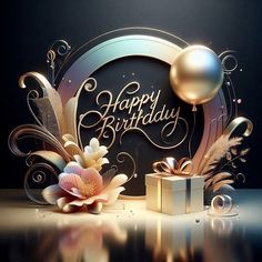 happy birthday card with gift box and flowers on shiny surface in front of black background