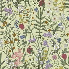 a floral wallpaper with many different flowers and leaves on it's sides, all in pastel colors