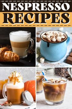 four different pictures with coffee and desserts in them, including croissants