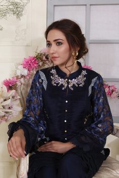 Moroccan Blue | Pakistani Designer Outfit | Sarosh Salman Designer Organza Blouse With Resham Embroidery, Designer Embellished Kurta For Eid, Silk Dupatta Top For Wedding, Silk Top With Dupatta For Wedding, Silk Wedding Top With Dupatta, Formal Festive Embroidered Shirt, Festive Formal Embroidered Shirt, Eid Georgette Tops With Dupatta, Georgette Tops With Dupatta For Eid