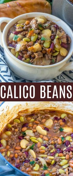 two pictures showing different types of beans and meats in a casserole dish