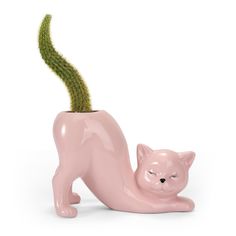 a pink ceramic cat planter with a cactus in it's mouth and the tail curled up