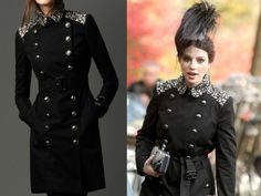 two pictures of the same woman in different outfits, one is wearing a black coat