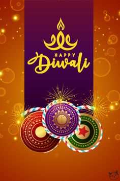 happy diwali greeting card with colorful circles and sparkles on an orange background