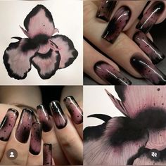 Black And Mauve Nails, Bayonetta Nails, Dark Nail Aesthetic, Serpent Nails, Dark Cherry Nails Designs, Dark Fantasy Nails, Weird Acrylic Nails, Paint Nails Ideas, Nail Inspiration Black