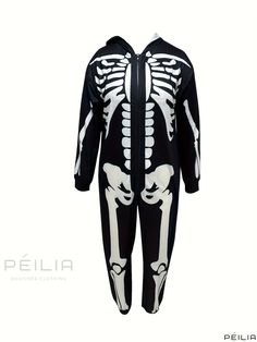 Peilia - Womens Plus Size Halloween Gothic Sleepwear Jumpsuit - Skeleton Print, Zipper Closure, Long Sleeves, and Hooded Design Winter Costume Party Hooded Onesie, Hooded Onesie For Costume Party In Winter, Hooded Onesie For Winter Costume Party, Winter Hooded Onesie For Costume Party, Casual Winter Onesie For Costume Events, Casual Winter Onesie Costume, Hooded Onesie For Halloween Costume Party, Casual Halloween Costume Onesie, Casual Halloween Costume Party Onesie