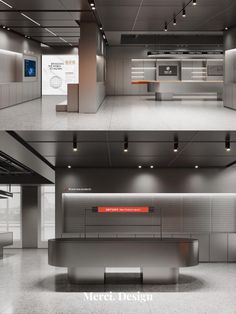 two pictures of the inside of a building with stainless steel cabinets and counter tops in different angles