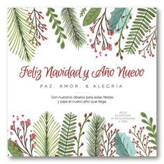 a wedding card with red berries and green leaves on the front, reads feliz navidad y amo nevo