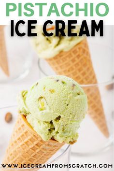 two scoops of pistachio ice cream on top of an ice cream cone