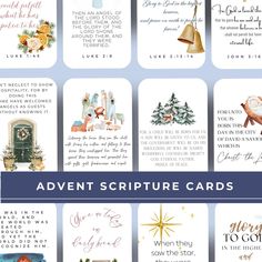 twelve christmas cards with the words, sayings and pictures in blue font on them