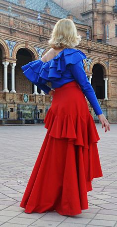 Red ruffled cotton skirt, cropped in front and with a long flared tail. Stylish, playful, versatile and fun, this red skirt will add a touch of Andalusian feeling to your wardrobe. A beautiful bouquet of red on flamenco rhythms, this playful ruffled skirt conquers the streets! High waisted, flared and extremely comfortable, this red skirt will definitely enliven your summer wardrobe! *new piece from the fresh ANDALUSIA collection Material: 95% cotton, 5% elastane Care instructions: Wash at 30 de Spring Skirt Outfits, Flamenco Skirt, Skirt Outfits Fall, Color Combinations For Clothes, Long Maxi Skirt, Fishtail Skirt, Skirt High Waist, High Waist Skirt, Red Skirt