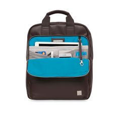 a blue and brown backpack with an open laptop compartment on it's front pocket