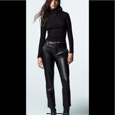 Zara Faux Leather Pants Basic And Beautiful Chic Straight Leg Leather Pants For Fall, Chic Leather Pants For Fall Going Out, Chic Leather Pants For Going Out In Fall, Chic Business Casual Winter Pants, Sleek Leather Pants For Going Out, Trendy Faux Leather Pants For Business Casual, Trendy Faux Leather Business Casual Pants, Fall Leather Straight Leg Pants For Night Out, Chic Straight Leg Leather Pants For Business Casual