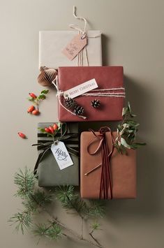 presents wrapped in brown paper and tied with twine