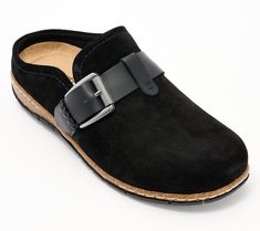 Accented with a chic side buckle, these suede slip-on clogs are an easy and stylish choice when you're headed out the door. Arch support, a cork midsole, and cushioned insole ensure your feet feel comfortable and supported. From Earth Brands Footwear. Suede Slip-on Clogs With Buckle Closure, Closed Toe Suede Clogs With Buckle Closure, Suede Closed Toe Clogs With Buckle Closure, Black Suede Clogs With Suede Lining, Door Arch, Arch Support, The Door, Clogs, Cork