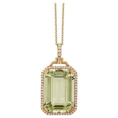 Prasiolite Emerald Cut Pendant with Diamonds in 18K Yellow Gold, from 'Gossip' Collection on a 18'' Chain Stone Size: 14 x 20 mm Gemstone Approx Wt: Prasiolite-19.35 Carats Diamonds: G-H / VS, Approx Wt : 0.30 Carats Emerald Jewelry Necklace, Semi Precious Jewelry, Emerald Necklace, Amethyst Jewelry, Modern Necklaces, Emerald Jewelry, Classic Jewelry, Green Amethyst, Emerald Cut Diamonds