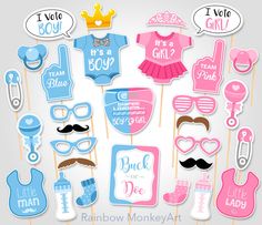 pink and blue photo booth props for a baby shower or birthday party set of 30