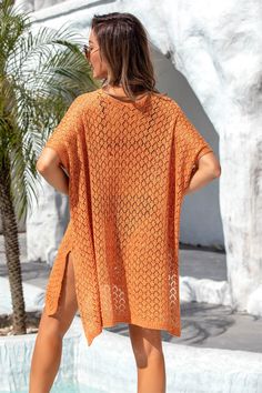 Get ready to slay the beach style game with this Sunsets Ombre Oversized Knit Sweater! Effortlessly cool and cute, this knit sweater will keep you cover-up and stylish as you watch the sun go down on the shore. Perfect for layering or lounging, it's a must-have for your beach wardrobe! Size Guide: Model is 5’8” tall, and has a 34.2” bust, 24.9”waist, & 37.7” hips. She is wearing a S / US 4 / AU 8. This sweater is true to size. Material: 100% Rayon. Key Features: V-Neckline. Short sleeve. Coverup. Crochet Perforated Knit. Not lined. Oversized fit. Maternity friendly. Care Instructions: Machine wash / Cold hand wash Knit Cover-up For Beach Season, Casual Knitted Beach Season Cover-up, Orange Summer Beach Cover-up, Orange Knit Beach Top, Knit Open Knit Beach Cover-up, Beach Wardrobe, Reindeer Headband, Oversized Knitted Sweaters, Oversize Knit