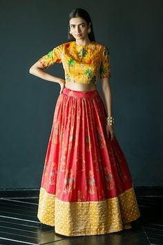 Red floral print tissue chanderi base lehenga with contrast hem. Paired with yellow thread and sequin embroidered blouse. - Aza Fashions Designer Red Cotton Silk Dress, Red Cotton Silk Sets For Navratri, Navratri Red Cotton Silk Sets, Designer Red Cotton Silk Lehenga, Red Cotton Silk Lehenga, Designer Festive Lehenga With Block Print, Red Anarkali Cotton Silk Lehenga, Anarkali Style Red Cotton Silk Lehenga, Red Cotton Silk Lehenga With Cutdana