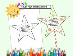 a coloring page with two stars next to colored pencils