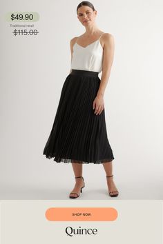 Flattering, flowy, and fully lined. Our high-rise midi skirt is lightweight and has an elastic waistband for a comfortable fit that you can wear all day. Made of low-maintenance, wrinkle-resistant fabric.  | Quince | Women's Chiffon Pleated Midi Skirt in Black, Size Small, 100% Polyester Lightweight Skirt, Skirt Fits, Sheer Chiffon, Chiffon Skirt, Pleated Midi Skirt, Women Skirts Midi, Quince, Low Maintenance, Dress Skirt