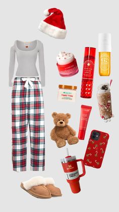 the contents of a woman's christmas outfit including shoes, mugs and other items