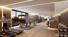 an artist's rendering of a gym with people exercising on treadmills