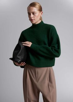 Mock-Neck Sweater - Dark Green - Sweaters - & Other Stories US Dark Green Sweater Outfit, Green Sweater Outfit, Green Sweaters, Dark Green Sweater, Pullovers Outfit, Mock Neck Sweatshirt, Fall Fit, Ribbed Neckline, Cool Vintage