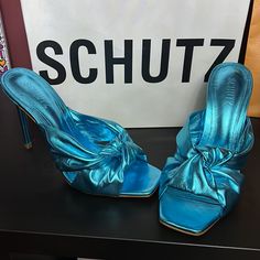 Metallic Blue Sandals 100mm Heal Square Toe. Sleek And Fashionable Mule. New Never Worn. Original Box And Dust Bag Included. Purchased Directly From Schutz Website. Denim Mules, Pink Mules, Heeled Mule, Heeled Mules Sandals, Metallic Sandals, Mule Sandals, Blue Sandals, Metallic Blue, Leather Mules