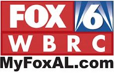 the fox 6 logo is shown in red, white and blue with the words myfoxal com on it