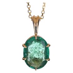 Displayed is a classic and unique emerald solitaire necklace set in 14K yellow gold. This gorgeous solitaire pendant carries a full 1.88-carat emerald in a six-claw prong setting. Fully faceted, this gemstone showcases very good shine, rare dark green color, great size, and clarity. An ideal solitaire, perfect for everyday use! Setting Style: Solitaire - Prong Setting Material: 14K Yellow Gold Gold Weight: 1.3 grams Main Stone: Emerald Shape: Oval Cut Approx Weight: 1.88-carats Color: Green Clarity: Translucent Luster: Very Good Origin: Zambia Treatment: Natural, Oiling Suggested Retail price $3800 Pink Pixel Art, The Crown Jewels, Solitaire Necklace, Dark Green Color, Claw Prong, Solitaire Necklaces, Jewelry Pins, Crown Jewels, Solitaire Pendant