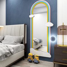 colorful framed mirror with cloud Kids Bedroom Mirror, Bedroom Mirror Design, Mirror For Kids Room, Kids Room Mirror, Kids Room Wardrobe Design, Mirror For Kids, Cozy Bedroom Ideas For Women, Kids Mirror, Rainbow Mirror