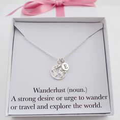 Wanderlust necklace jewelry gift, personalised world map initial necklace, adventure travel necklace jewelry gift for friend globe necklace Our world map necklace is simply gorgeous - the perfect gift for a wanderlust or travel enthusiast, as a gift to them on their next adventure! Small sterling silver world map charm and initial hanging on a delicate sterling silver chain. Stylish and effortlessly classy, would be perfect for layering with other necklaces. Explore our gorgeous collection of da Personalized Stainless Steel Pendant Jewelry, Personalized Adjustable Jewelry Gift For Her, Compass Design Pendant Jewelry As Gift, Compass Design Pendant Jewelry Gift, Personalized Stainless Steel Jewelry As Gift For Her, Minimalist Compass Design Jewelry As Gift, Compass Design Round Jewelry For Gift, Compass Design Round Jewelry Gift, Handmade Adjustable Charm Necklaces For Best Friend