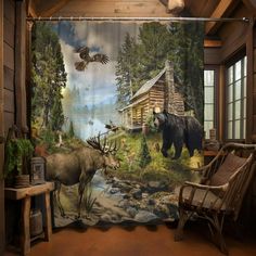 an image of a bear and moose in the woods shower curtain set with window curtains