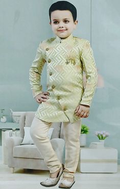 Boys' Sherwani & Pant in Green/White Color - PAAIE Boys Sherwani, Kurta Pajama Men, Sequence Blouse, Indo Western Gown, Saree Petticoat, Printed Silk Fabric, Belt Blouse, Full Sleeve Blouse, Lehenga Skirt