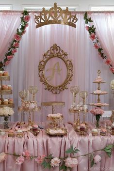 a table topped with lots of cakes and cupcakes