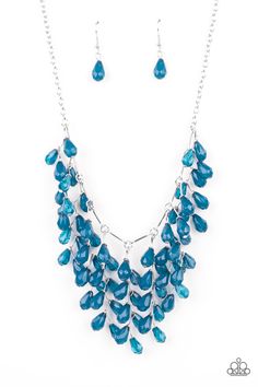 A shimmery collection of opaque and clear crystal-like Mykonos Blue teardrop beads delicately cluster along a linked strand of silver bars, creating an ethereally leafy fringe below the collar. Features an adjustable clasp closure.

 Sold as one individual necklace. Includes one pair of matching earrings. Mykonos Blue, Happy Jewelry, Fringe Necklace, Teardrop Beads, Paparazzi Accessories, Teardrop Necklace, Blue Jewelry, Silver Bars, Blue Necklace