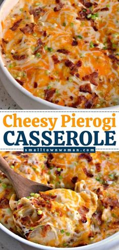 cheesy pierog casserole with bacon and green onions in a white dish