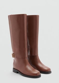 Leather boots with decorative buckle - Women | MANGO USA Square Toe Leather Boots, Clear Boots, Fashion Cowboy Boots, Weatherproof Boots, Platform Chelsea Boots, Lug Sole Boots, Leather Boot, Boots Fall, Brown Leather Boots