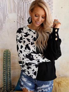 Shop this stylish cow print loose pullover waffle knit top for women. Featuring long sleeves, polyester-spandex blend, and trendy cow pattern. Casual Cow Print Tops For Fall, Casual Cow Print Tops With Relaxed Fit, Casual Crew Neck Cow Print Tops, Casual Long Sleeve Cow Print Top, Casual Long Sleeve Zebra Print Tops, Formal Wear Dresses, Silk Pajama Set, Mini Dress Formal, Jumpsuit Chic